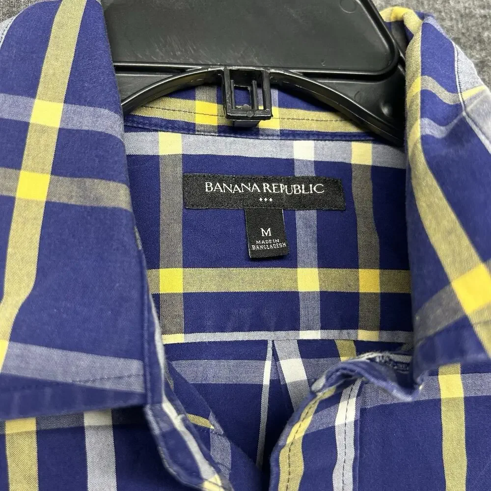 Banana Republic Men Medium Blue Plaid‎ Short Sleeve Button Up Shirt